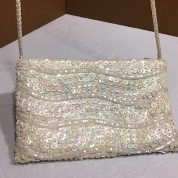 White Sequined/Beaded Corded Strap Crossbody Bag 7.5"x4.5" - Picture 3 of 5